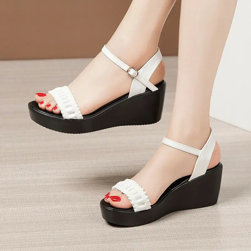 

Women Ankle Strap One Band Mid Heels Platform Wedges Sandals Summer Casual Shoes