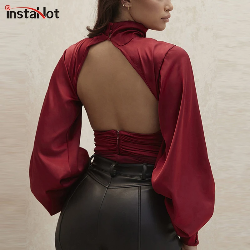 InstaHot/элегантное женское боди с длинным рукавом однотонное красное осеннее