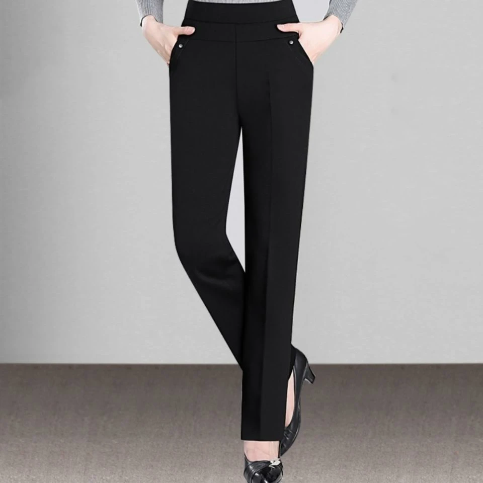 

Middle Aged Women Casual Straight Pants Summer Elastic Waist Mom Pants Vintage Solid Trousers Female Loose Pantalon