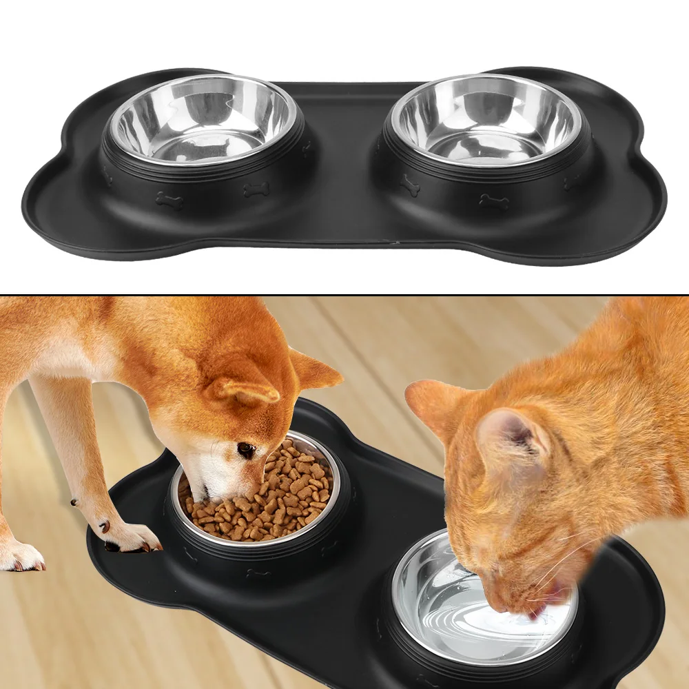

Dog Cat Double Dog Bowl Antislip No Spill Stainless Steel Pet Feeding Bowl With Silicone Mat Pet Water Drinker Food Feeder