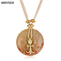 shinygem lucky big round natural coral texture stone pendant necklace for women gift handmade beige leather necklace adjustable