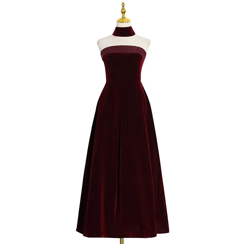 

Early new fashion temperament elegant solid color strapless waist slim A long dress women tide