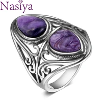 charms 6x9mm natural charoite beads rings womens 925 sterling silver jewelry vintage ring anniversary party gifts for women