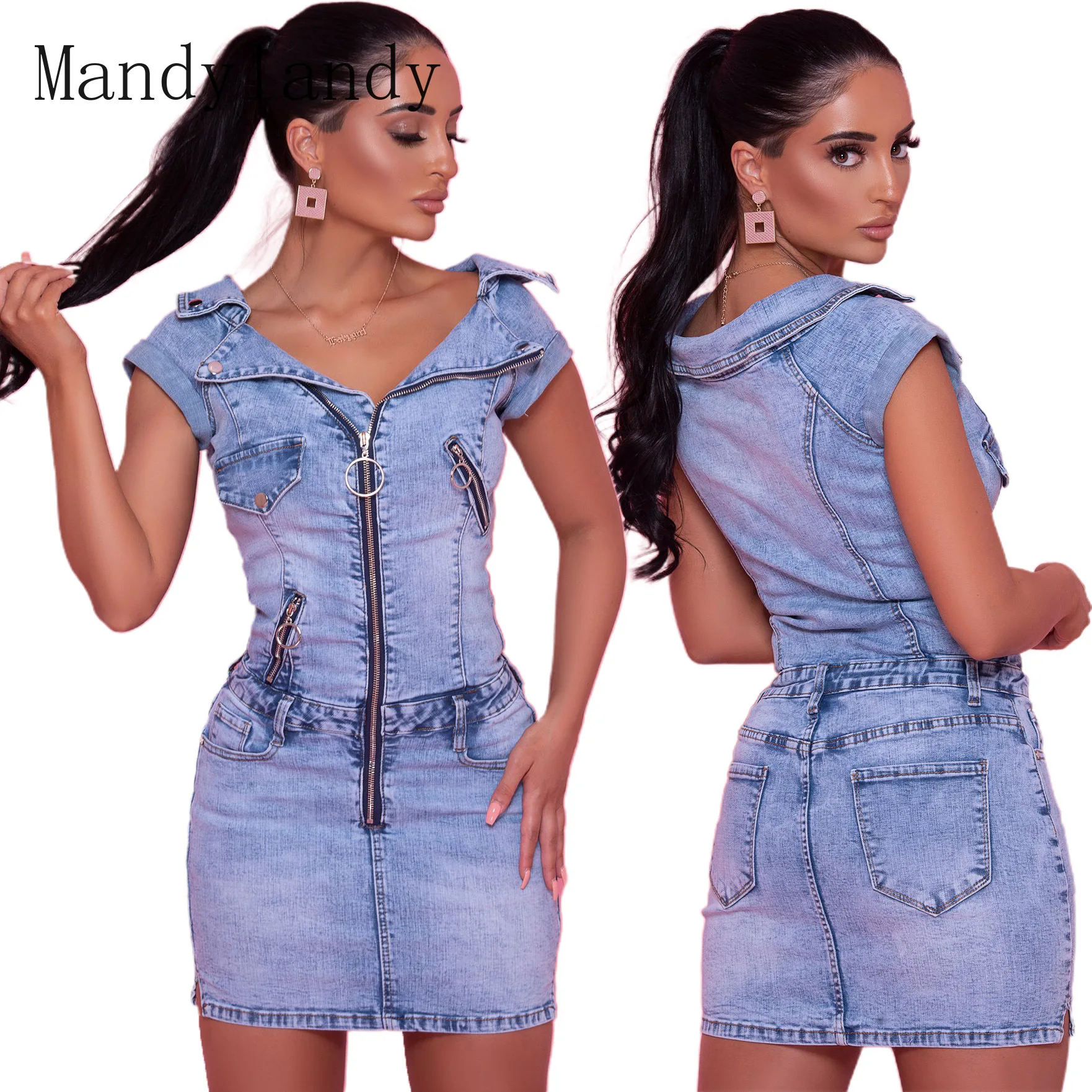 

Mandylandy Denim Dress Summer Zipper Button Pocket Short Sleeve V-neck Dress Women's Sexy Solid Color Slim-Fit Patchwork Dress