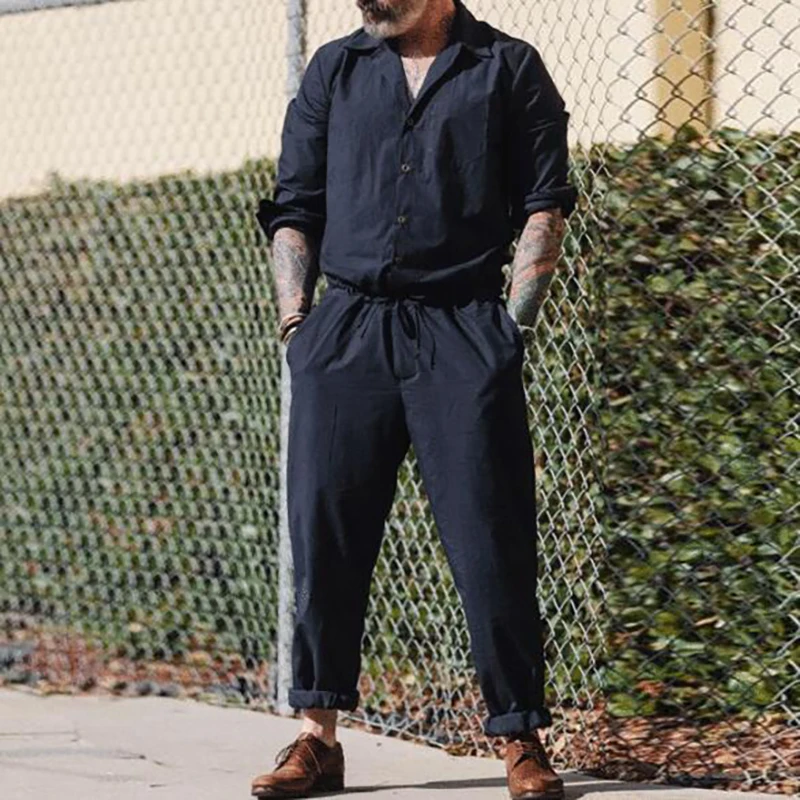 

Men V Neck Long Sleeve Tops Casual Pants Outfits Spring Autumn Loose Long Pants Two Piece Set Outdoor Male Solid Pocket Trousers