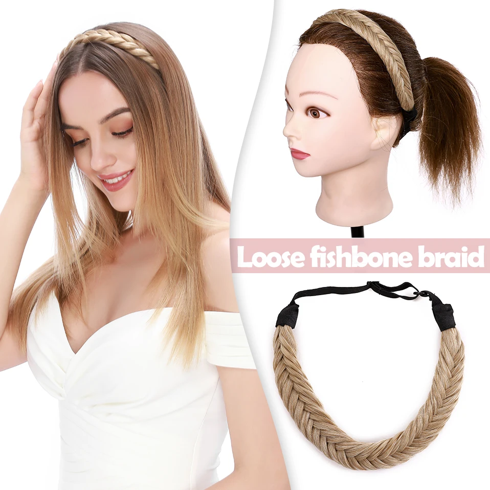 KEKO Loose Braids Hair Headband Synthetic Hair Accessories With Adjustable Elastic Belt Fishbone ElasticTwist Braided Hair Band