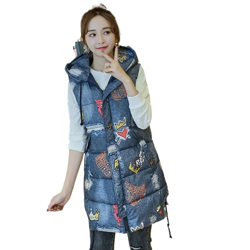 

2022 Winter Fashion Ladies Padded Clothes Womens Hooded Sleeveless Vest spring autumn new women Coat Denim Long Waistcoat
