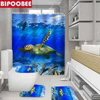 Sea Scenery Bathroom Shower Curtain Ocean Turtle Fish Pattern Bath Mats Rugs Toilet Cover Lid Bathtub Curtains with Hooks