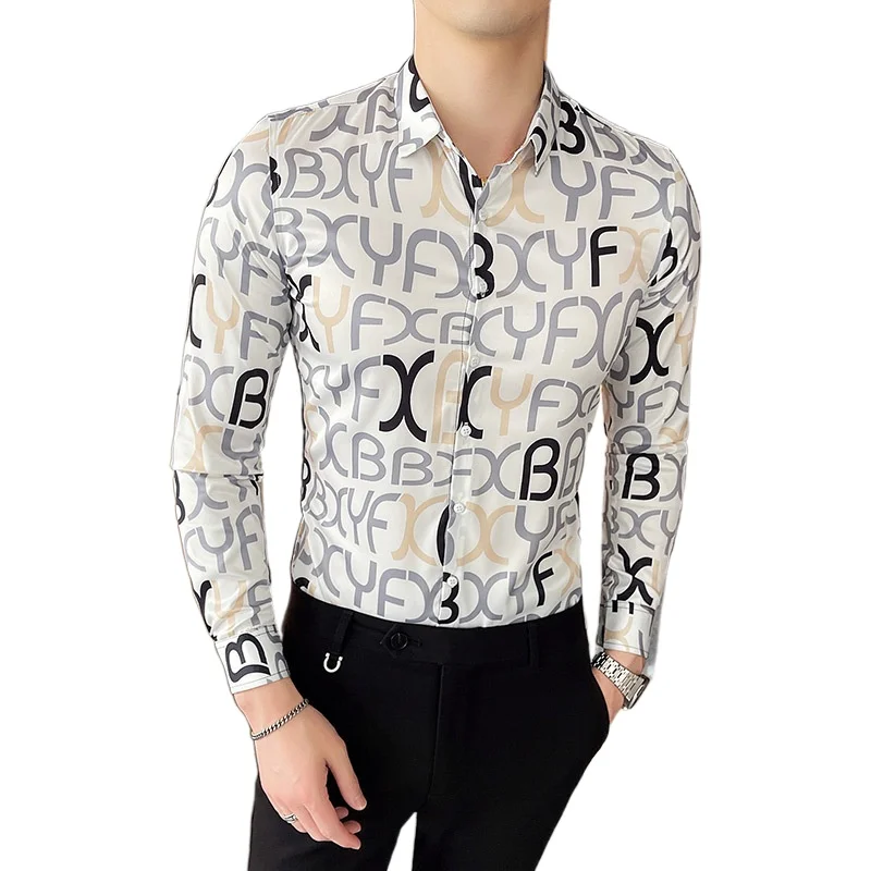 

Loldeal Vintage Letter Print Men Shirt Long Sleeve Slim Casual Social Party