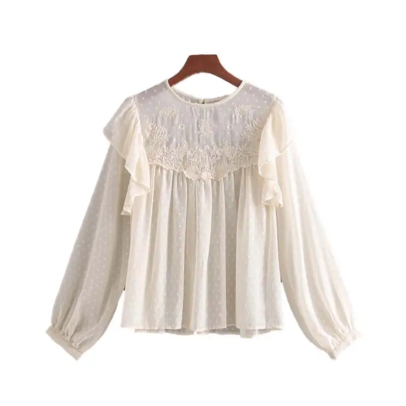 as picture Vadim women casual embroidery beige blouse ruffles pleated long sleeve oversized style female stylish tops blusas mujer LB441 - Цвет: as picture