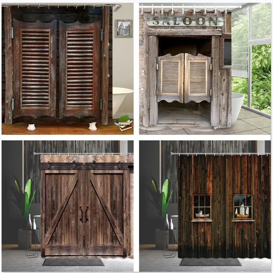 

Занавески для душа с дверью сарая, занавески для душа в западном стиле, старые деревянные ворота, экран для ванной, 3D печать, моющийся творче...