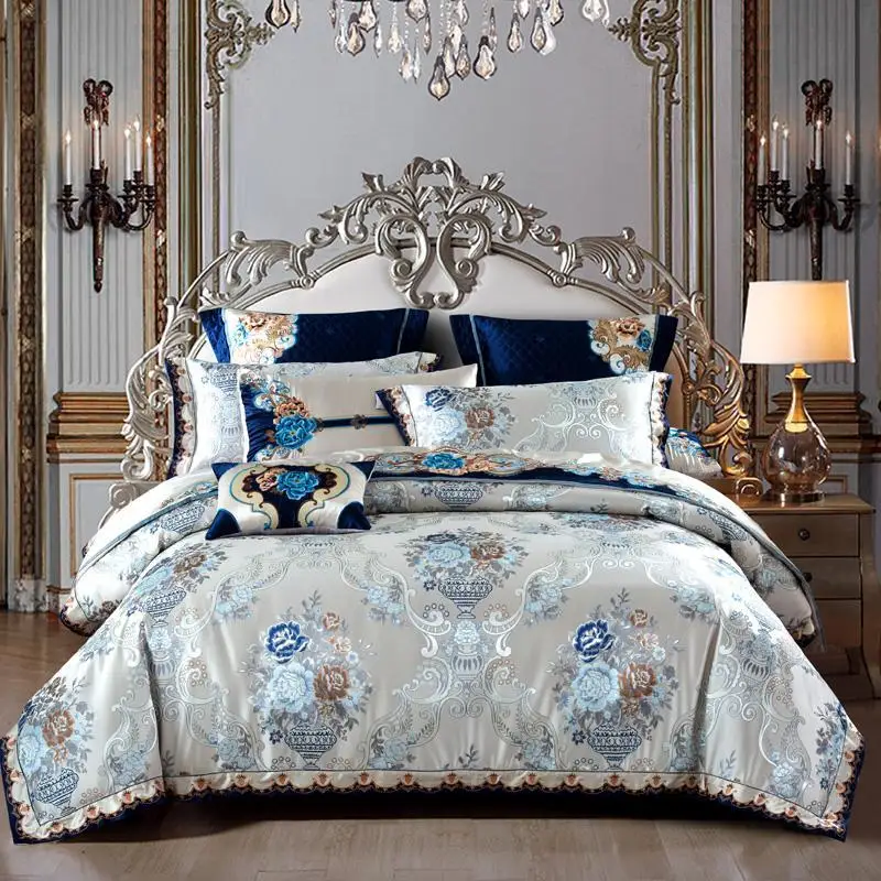 

42Silver Golden color King Queen Size Bed set Satin Jacquard Cotton Luxury Royal Bedding Set Bed Sheet set Duvet cover Bedlinens