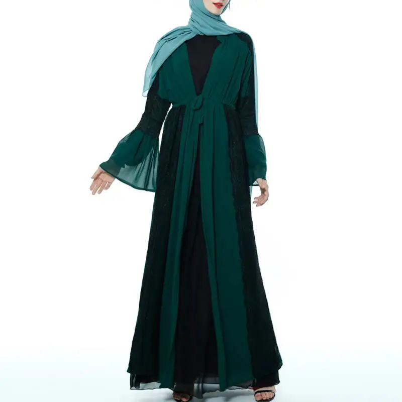 Green MISSJOY мусульманское abaya женское платье с расклешенными рукавами модал турецкий кафтан Средний Восточный Повседневный шифон, кружево с отделкой стиле пэчворк женский халат Плать - Цвет: Green
