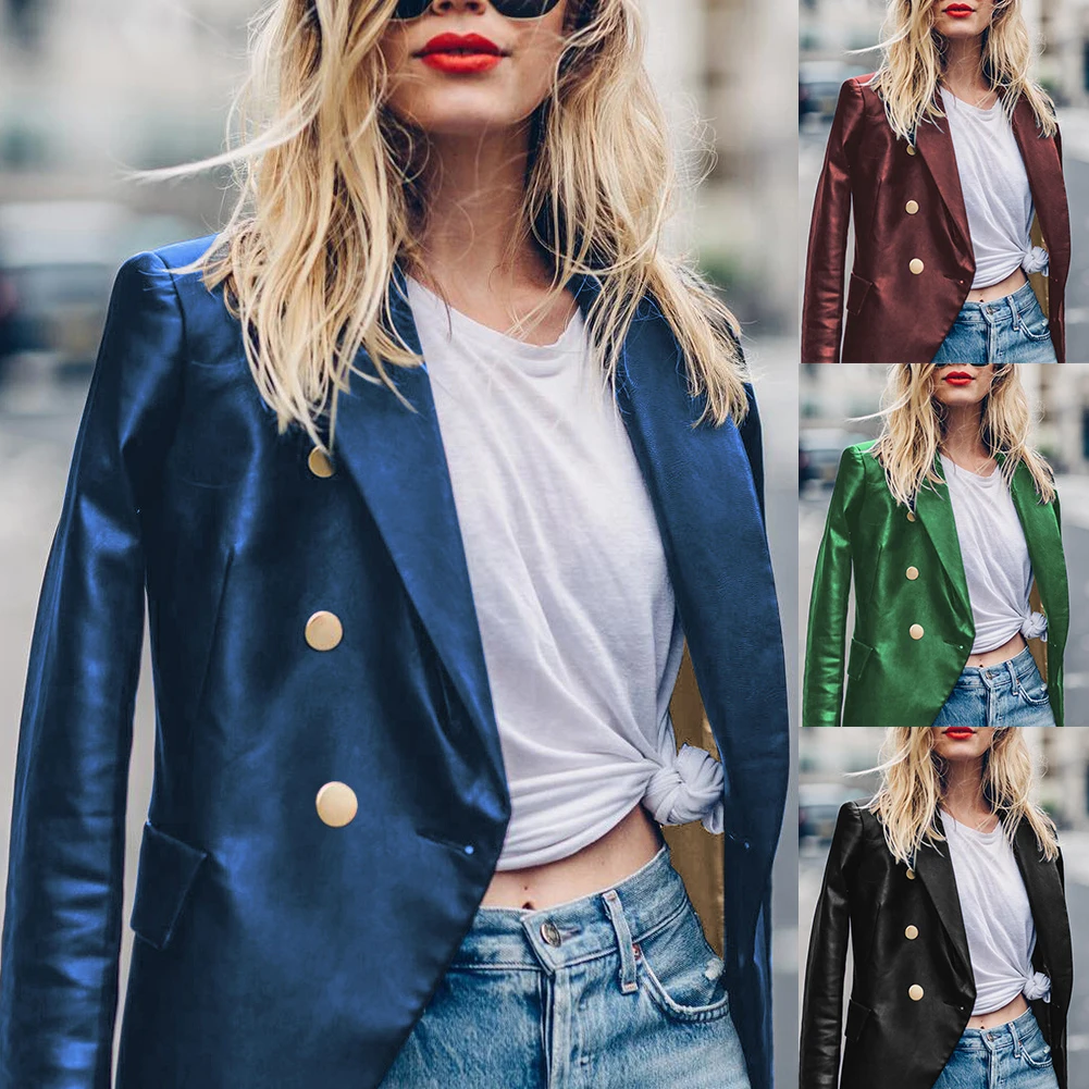 Костюмы Блейзер Женский комплект двубортный лацкан пиджак костюм сплошной цвет