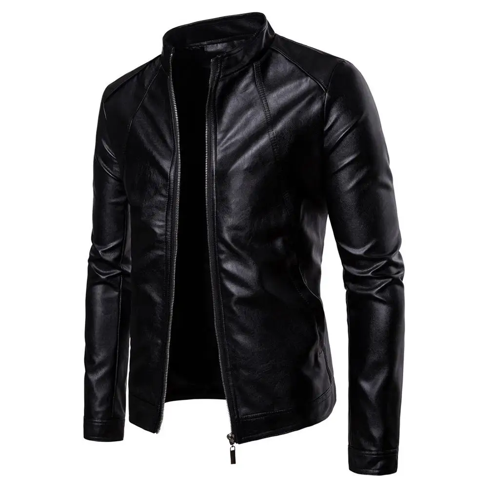 

Men's Slim Jacket Vogue Solid Color Motorcycle Winter Jackets chaqueta hombre Windproof Black Leather Jacket kurtka skorzana