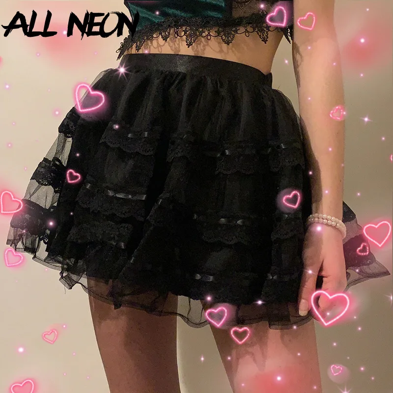 

ALLNeon E-girl Aesthetics Black High Waist Mesh Ruffles Skirts Pastel Goth Bow Double Layer Tutu Skirt Y2K Fashion Lolita Cloth