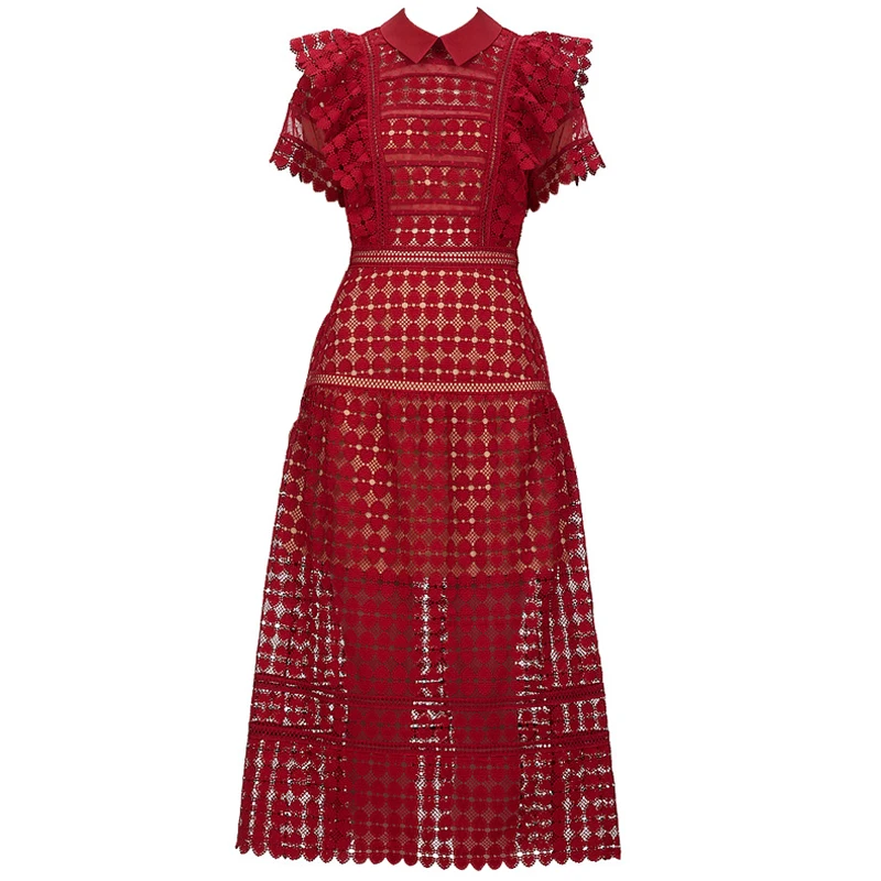 Red Christmas Dress 2020 New Year Party Women Cute Peter Pan Collar Hollow Out Ruffles SHort Sleeve Heart Lace Long | Женская одежда