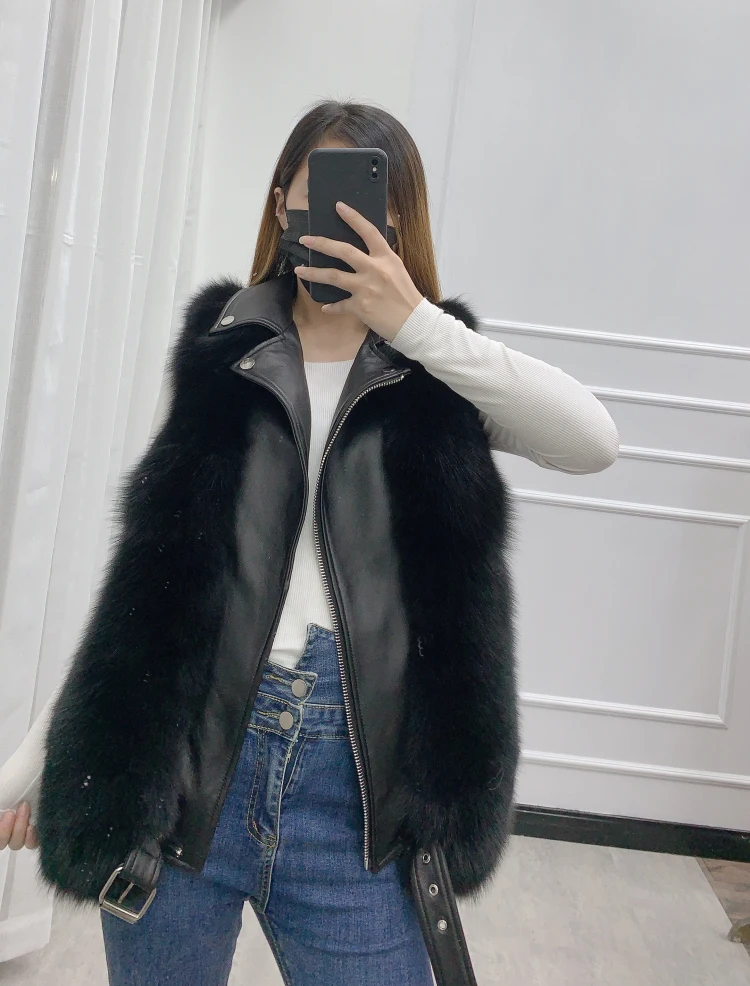 Новый настоящий натуральный цельный жилет из лисьего меха с воротником овечьей