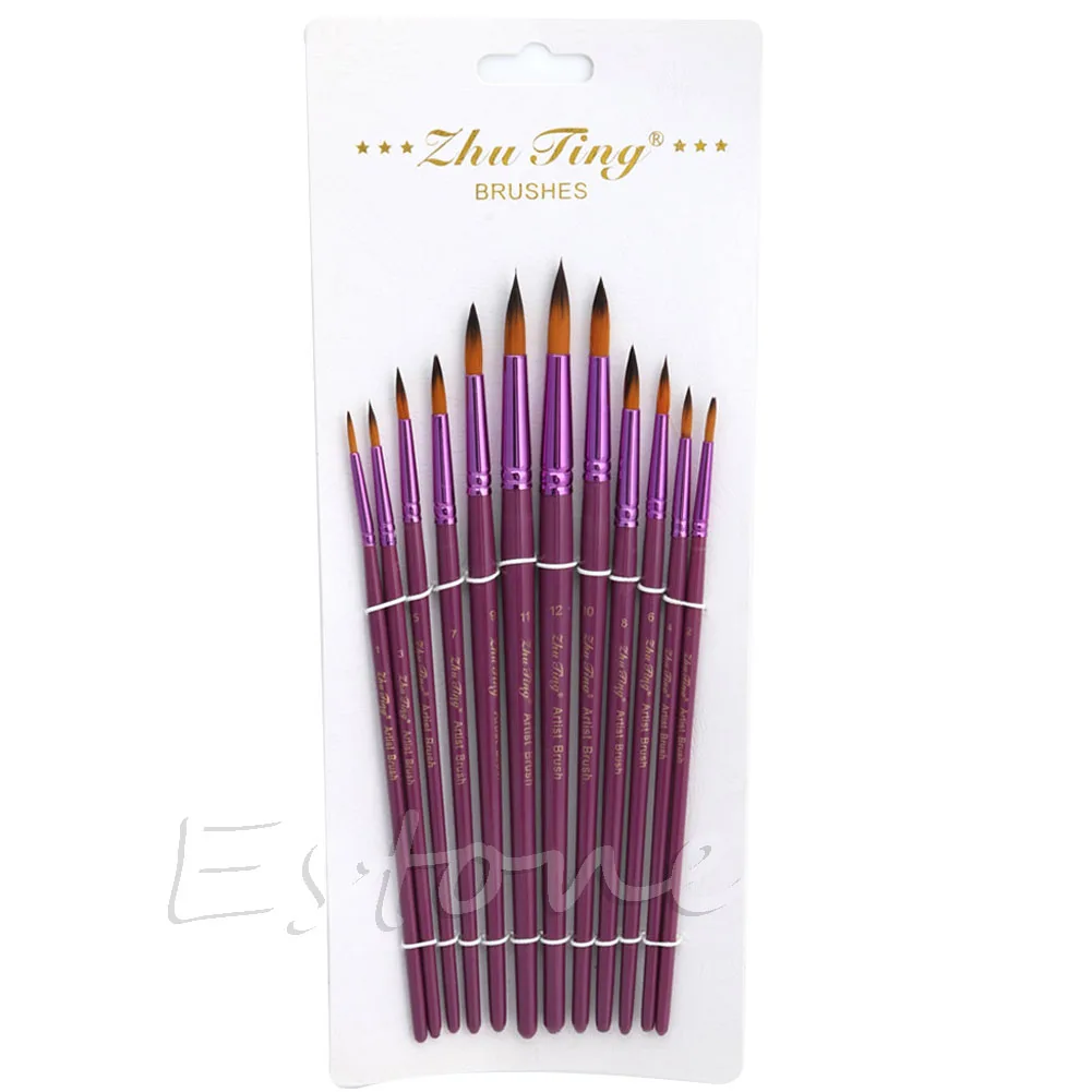 

12pcs Flat Tip Painting Brushes Set Artist Nylon Hair Watercolor Oil Drawing Pen