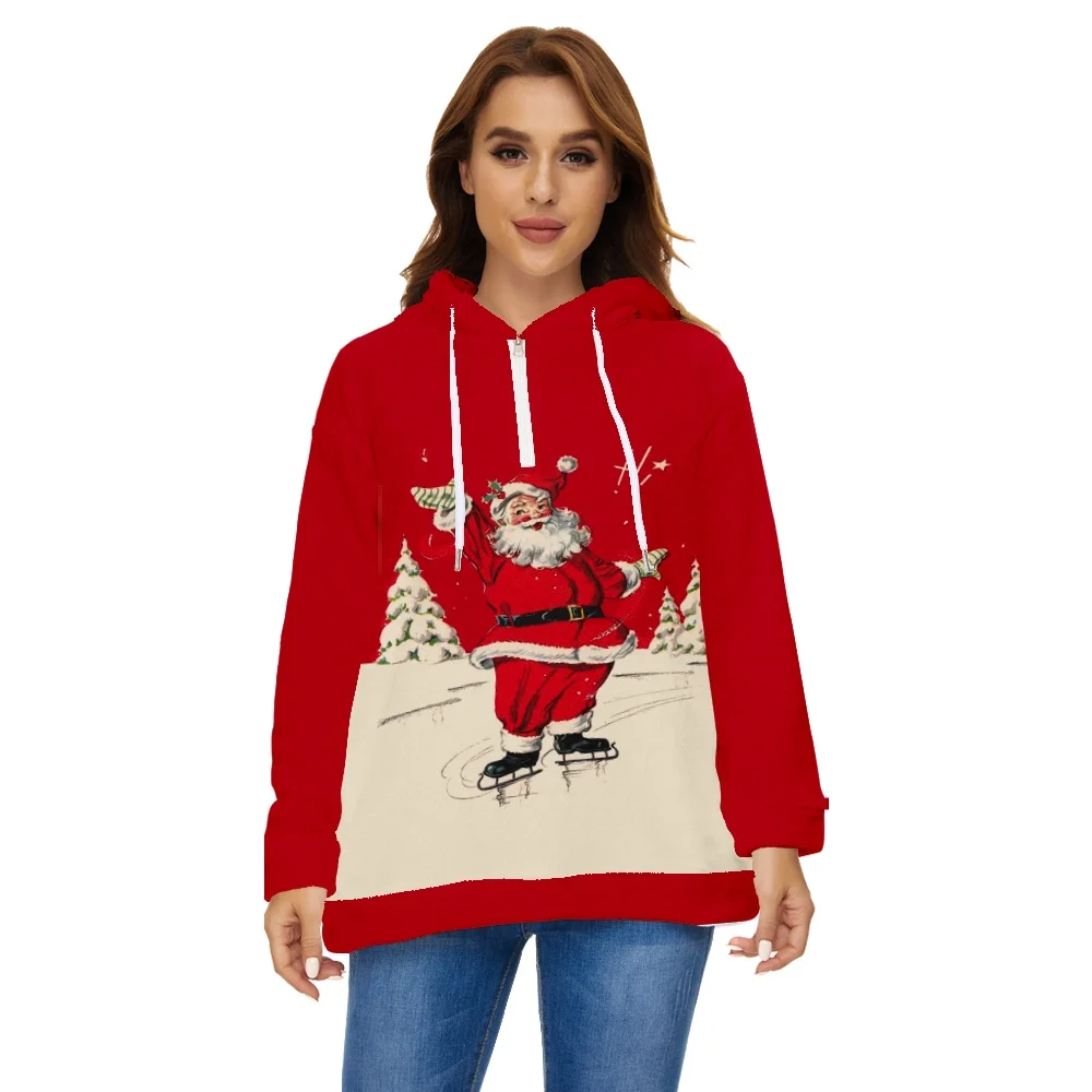 

Winter Plush Half-zip Hooded Women Sweatshirt Santa Claus Print Fleece Hoody Christmas Hooded Sweat Oversize Femme Coat 6X