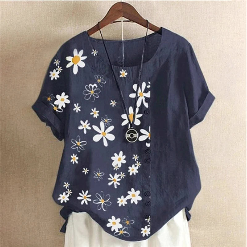

Women 2021 Summer Daisy Print Blouse Shirt Elegant Short Sleeve Buttons Pullover Tops 2XL Casual O-Neck Lady Blusa