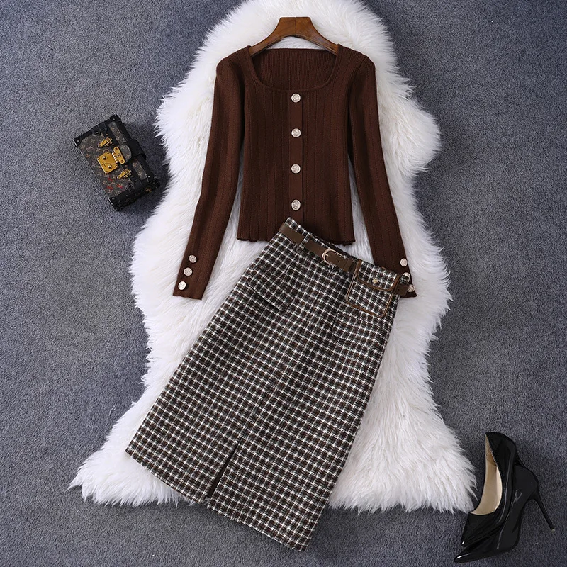 

2021 Spring Women's Clothing New Round Neck Knitted Slim Top Plaid with Belt Skirt Casual Suit Dresses for Women