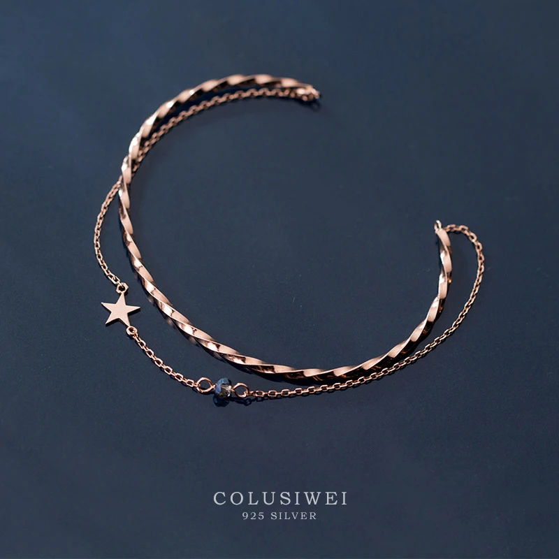 

Colusiwei Rose Gold Color Bracelet for Women Fashion 925 Sterling Silver Blue Beads Star Chain Charm Bracelet Fine Jewelry Gift