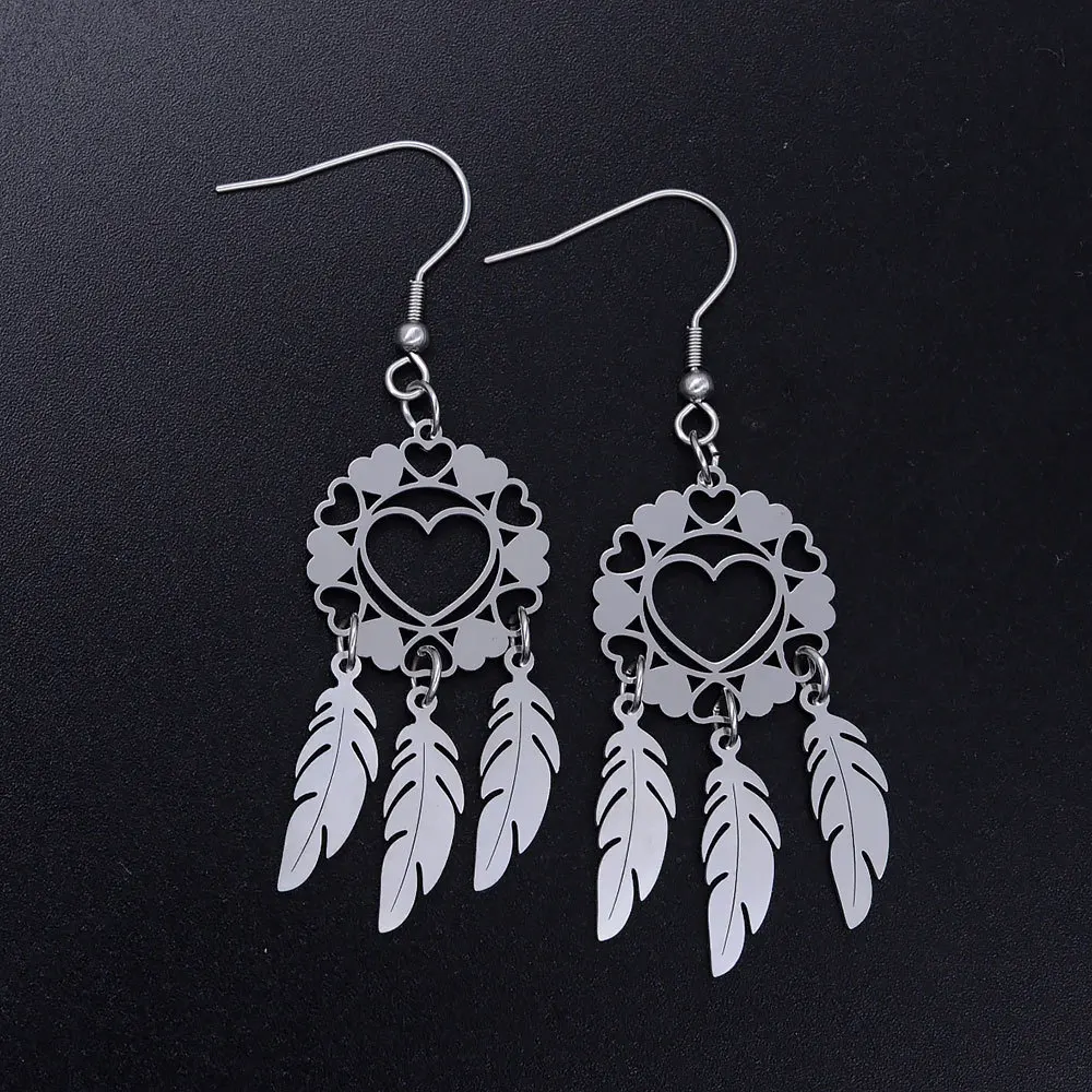 

Fashion Stainless Steel Women Hoops Jewelry Earring Dreamcatcher Heart Flower Pendants Feather Tassels Drop Dangle Earrings Gift