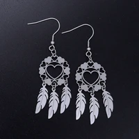 fashion stainless steel women hoops jewelry earring dreamcatcher heart flower pendants feather tassels drop dangle earrings gift