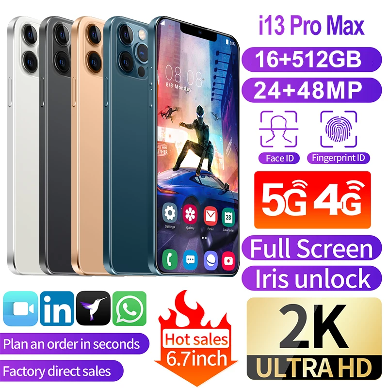 

Smartphone I13 Pro Max 6800mAh 16GB 512GB Global Version HD Screen 5G 6.7 Inch Android 10 10 Core Mobile Phone Newest Cellphone
