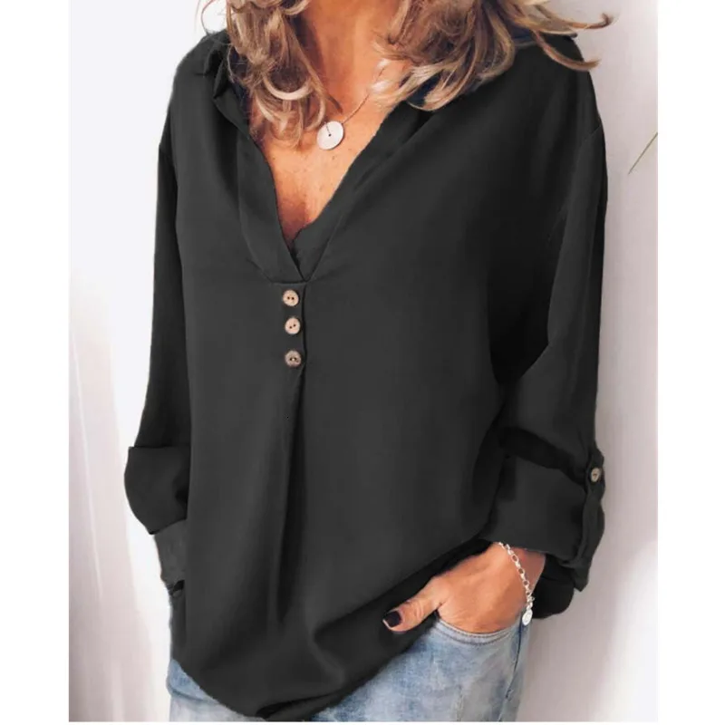 Осенние Топы для женщин 2019 повседневная однотонная блуза с v образным вырезом и