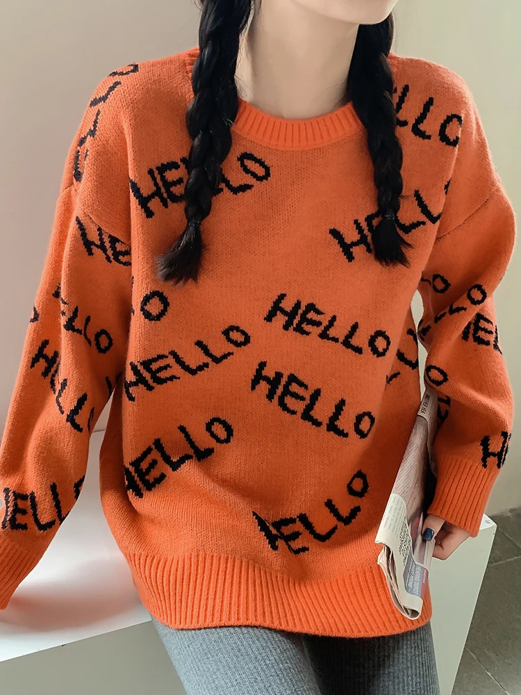 

2021 Retro Letter Pattern Long Sleeve Pullover Knit Femal Round Neck Korean Version Loose Large Size Pullover Jumpers Women Tops