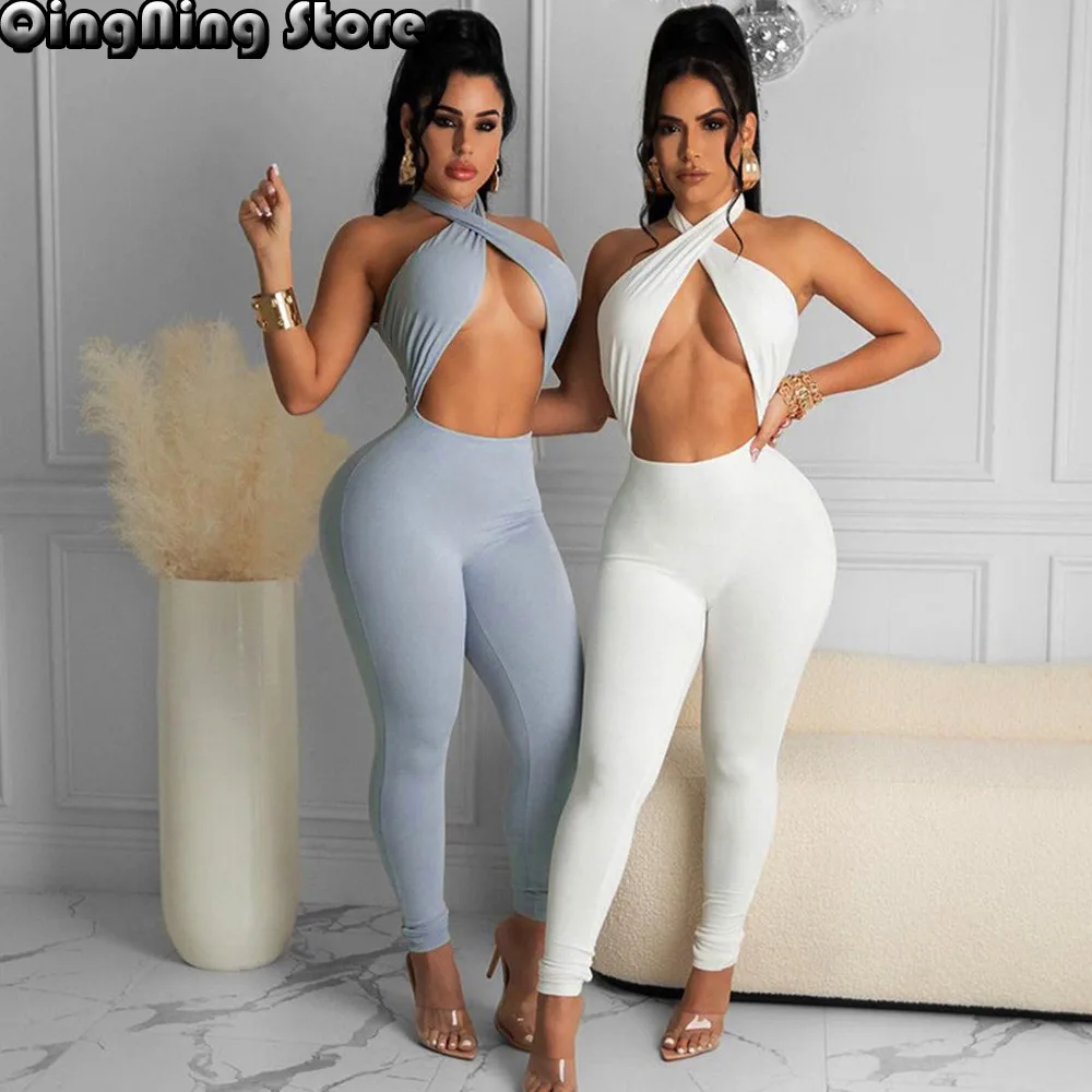 

Criss Cross Halter Neck Backless Long Jumpsuit Women Fashion Off The Shoulder Skinny Romper Summer Backless Sporty Slim Overall