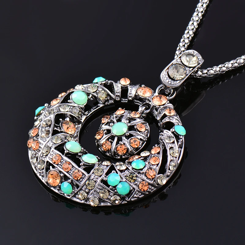 SINLEERY ретро черный Цирконий большой полый круг подвеска длинное ожерелье черная