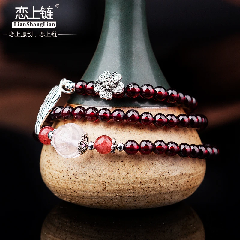 

Genunine 5A garnet bracelet with 925 Sterling silver 5mm beads bracelets for women top brand flower silver 925 jewelry