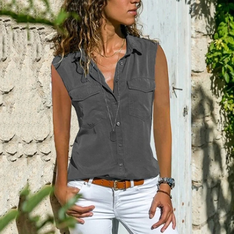 

Блузка женская без рукавов, Однотонная рубашка с отложным воротником и карманами, на пуговицах спереди, Топ s, женская одежда
