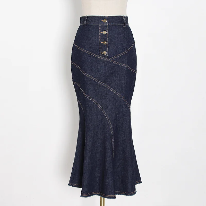 

Two Piece Set Women Loose Denim Blouse +High Waist Jeans Midi Skirt