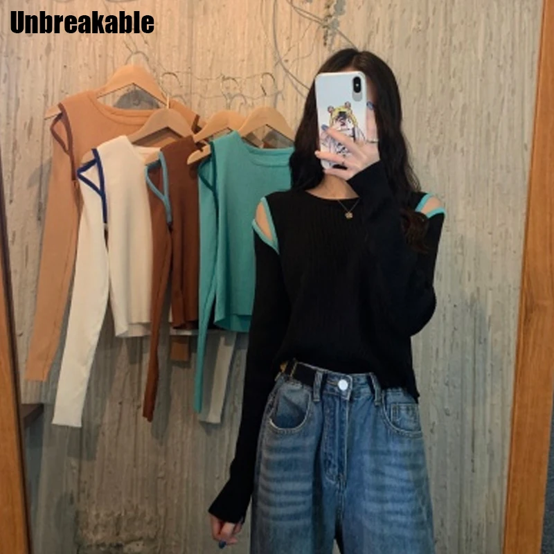 

Пикантный контрастный свитер, Пуловеры с круглым вырезом и открытыми плечами, повседневный тонкий осенний женский свитер, корейские модные...