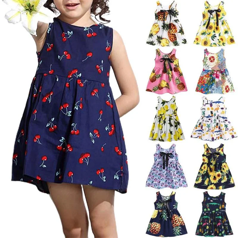 

Kids Sundress Cherry Printed Mini Dress Baby Girls Summer Sleeveless Holiday Kawaii Dresses Clothes