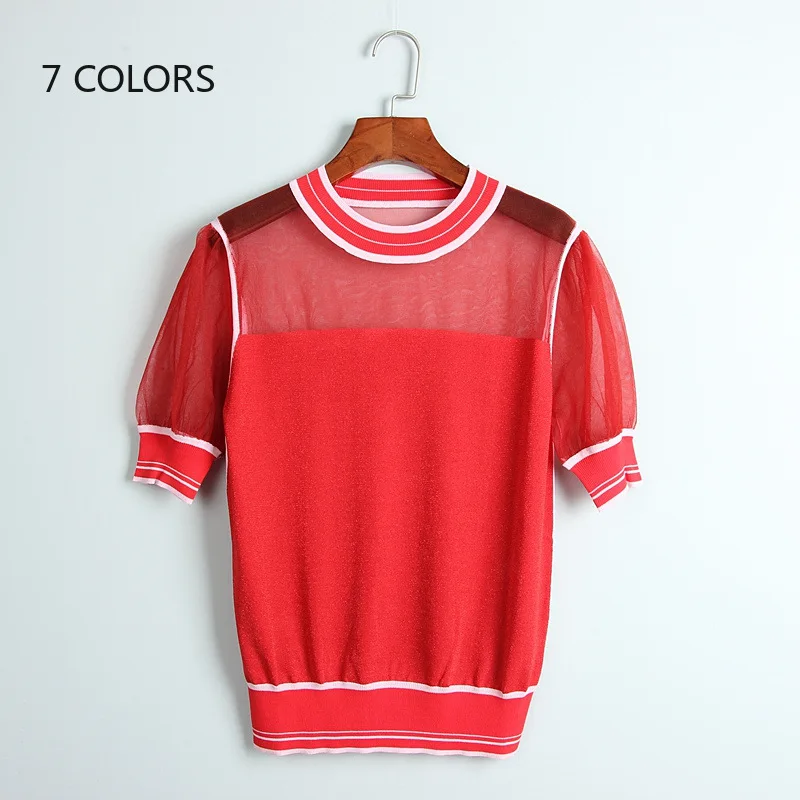 Женская трикотажная футболка с коротким рукавом летний сетчатый топ люрексом в