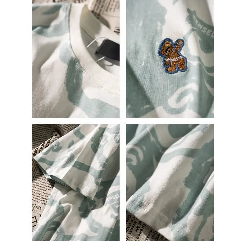 

2021 summer short sleeve T-shirt men's and women's bear printed round neck jacket Japanese tide loose five and a half sleeves