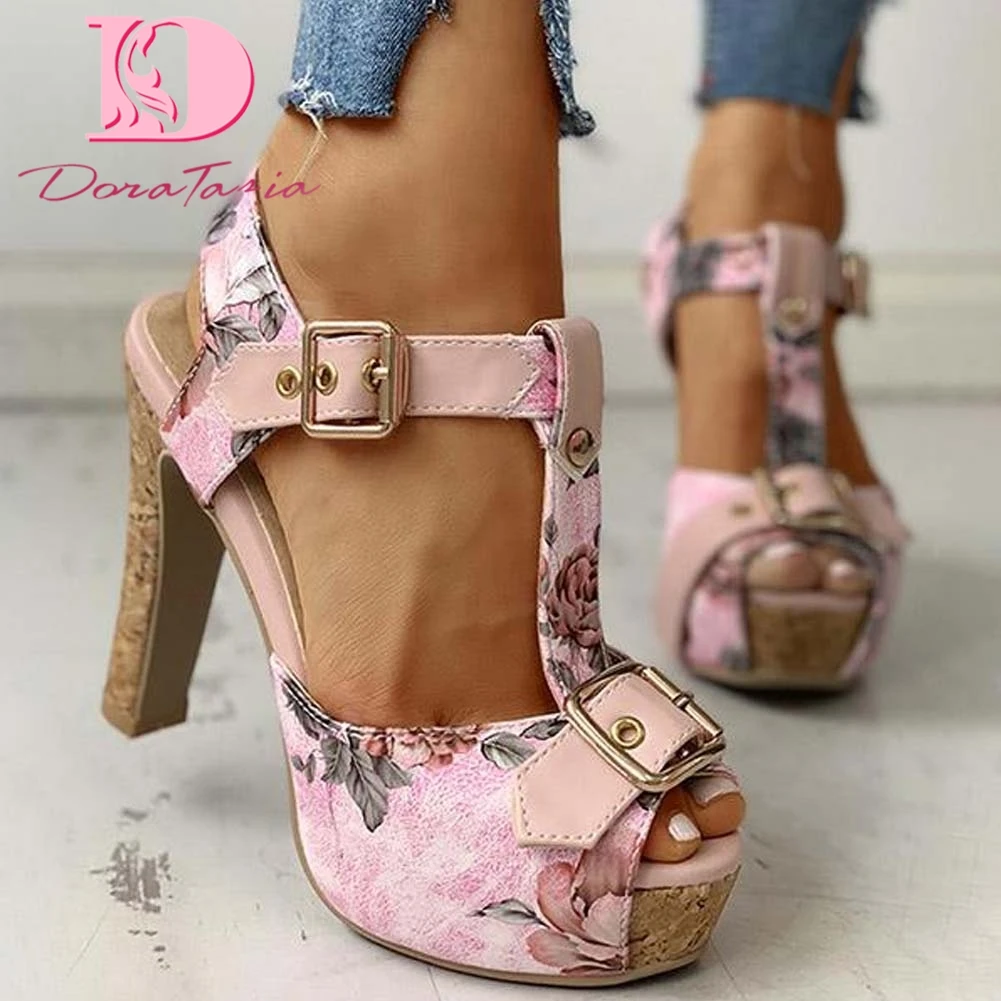 Brand Design Ladies Classic Summer Sandals Platform Thick High Heels Sandals Women 2021 Fashion Print Party Sexy Shoes Woman