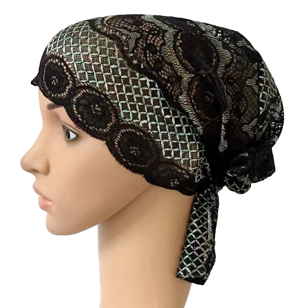 35 Black Blue Flower Women Muslim Inner Cap Lace Head Wrap Cover Scarf Islamic Headwear Bonnet Hat Skullies Beanies Hair Loss Fashion - Цвет: 35 Black Blue