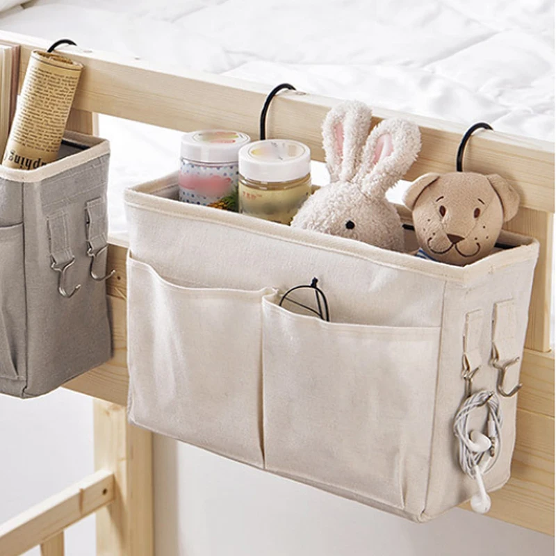 

Fabric Bedside Storage Bag Snacks Baby Diaper Doll Toys Books Hanging Bags Baby Bed Desktop Organizer with Double Hook Durable