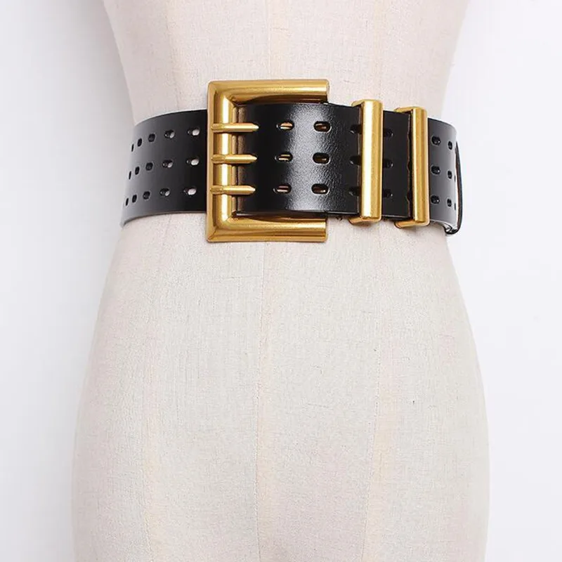 

[EWQ] 2020 New Metal Three Pin Buckle PU Leather Belt For Women Hollow Out Wide Genuine Leather Waistband Lady Tide PE329