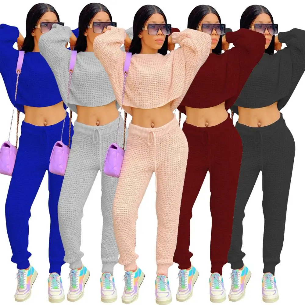 

Casual Knitted Sweaters Two Piece Set Batwing Sleeve Crop Top + Long Pants Winter Suit Streetwear Joggers Tracksuit Outfits