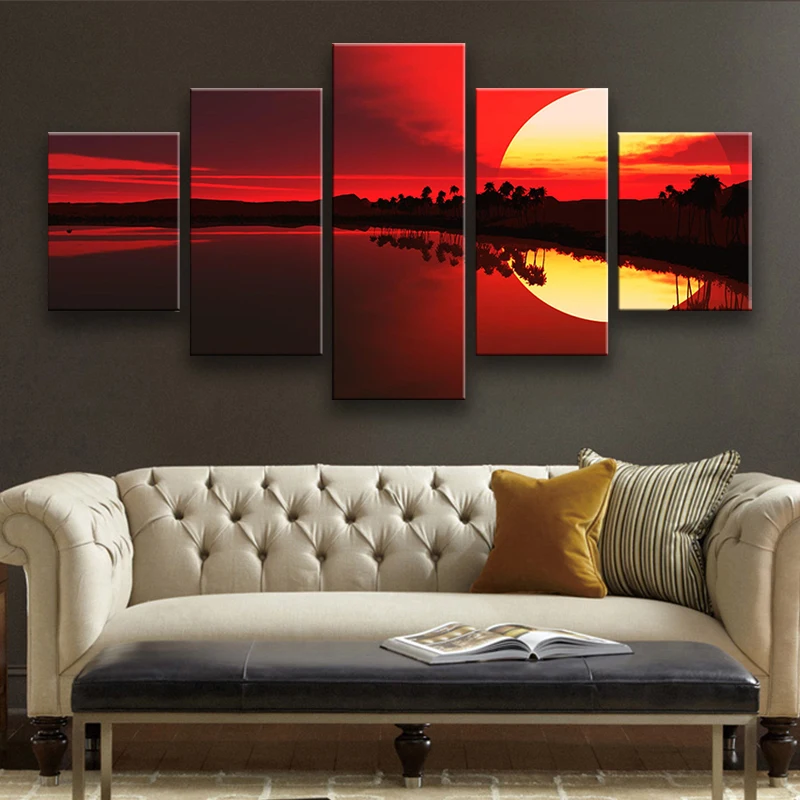 

Decoration Modern Prints Wall Art 5 Pieces Red Sky Lake Forest Sunset Scenery Paintings Poster Framework Modular Pictures Canvas