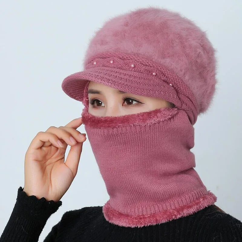 Высококачественные зимние шапки для женщин Skullies Beanie cap шляпки из шерсти набор теплая маска Gorras шапка из кроличьего меха Вязаная Шапка