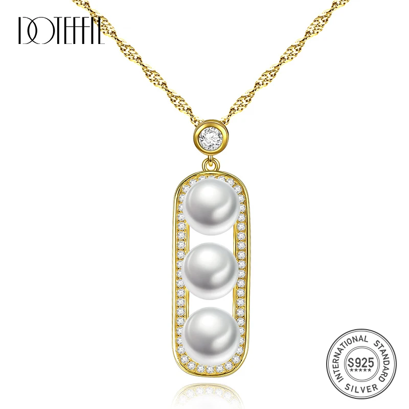 

DOTEFFIL 925 Silver Necklace Gilt Pea Three pearls Pendant Women Fine Jewelry Natural Freshwater Pearl Necklace Chain Lady Gift