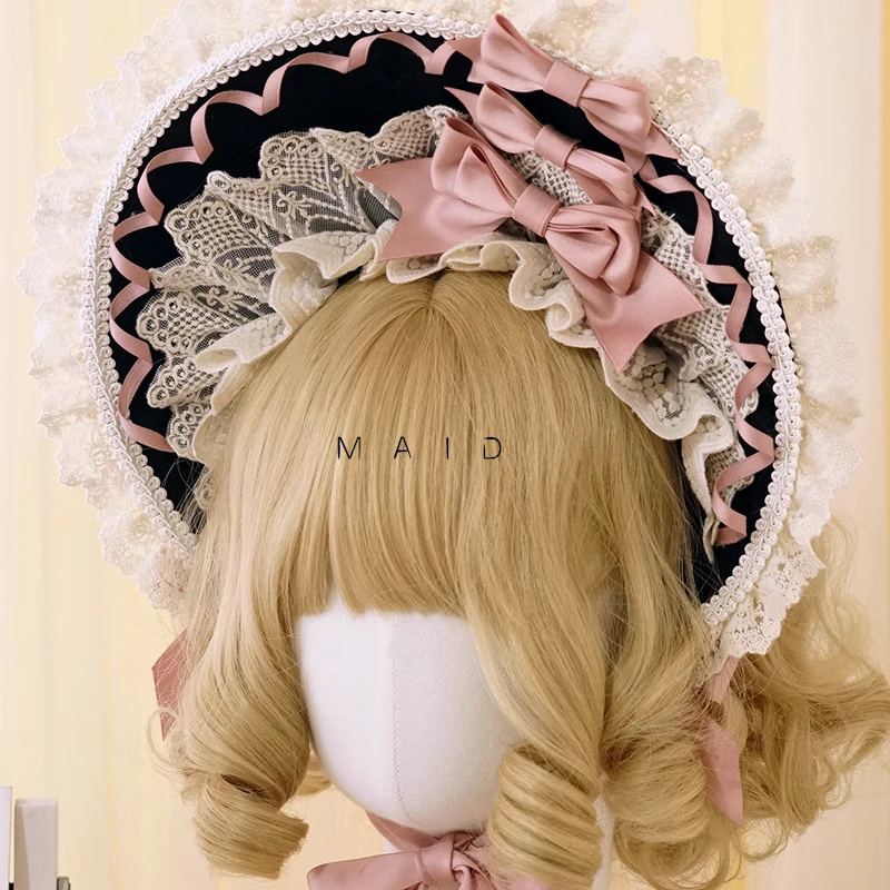 

Maid Sweet Lolita Cosplay Parallel Doll Lace Bow Bonnet Top Hat Headband Retro Princess Victorian Bandge Half Bnt Headwear